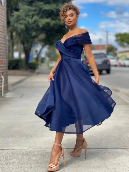 Women's Off-Shoulder Dress - A-Line - Midi Length - Elegant Party Dress