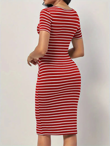 Women's Bodycon Dress - Short Sleeve - Round Neck - Stretchable and Tailored