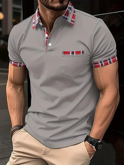 Men's Polo Shirt - Button Closure - Short Sleeve - Classic Fit - Checked Collar & Cuffs
