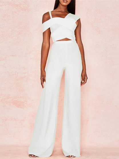 Women's Set - Off Shoulder Crop Top and High Waist Wide-Leg Pants - Elegant Fit