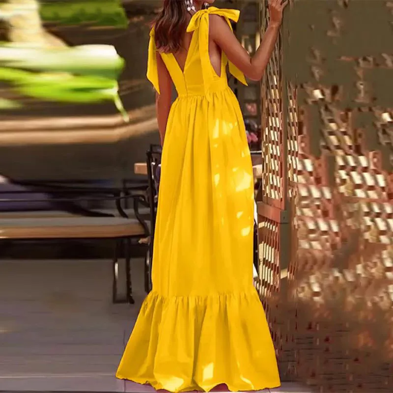 Women's Maxi Dress – Sleeveless – Deep V-Neck – Bow Straps – Elegant and Light
