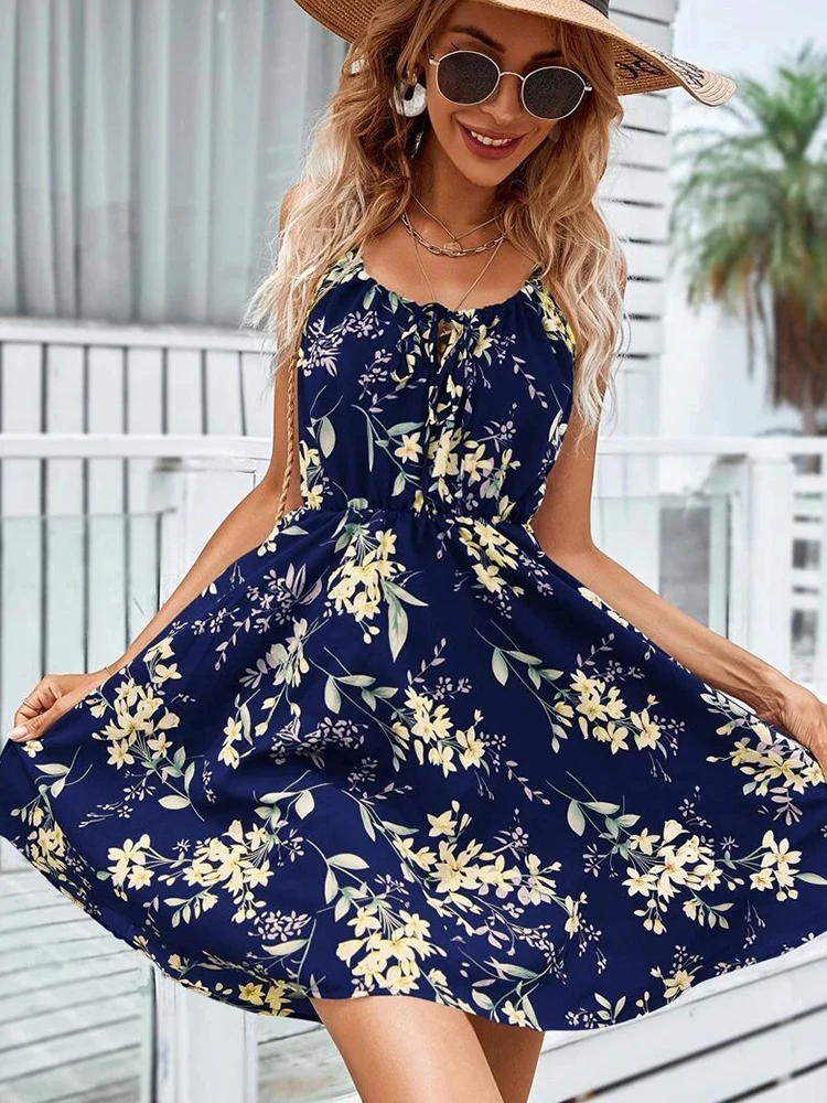 Women's Summer Dress – Sleeveless – Lightweight – Ruffle Hem – Fitted Waist – Floral Print