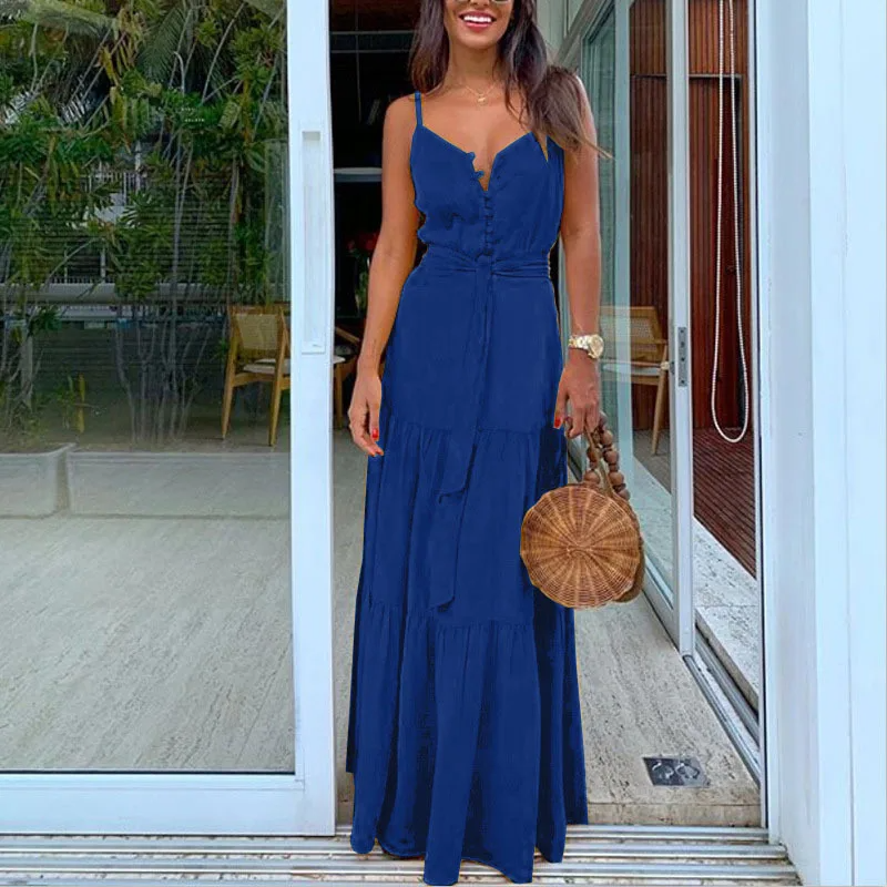 Women's Maxi Dress - Lightweight Fabric - A-Line Cut - V-Neck with Straps - Button Details