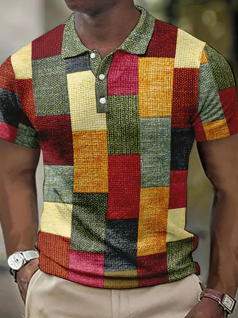 Men's Polo Shirt - Patchwork Design - Button Closure - Short-Sleeved - Breathable and Casual