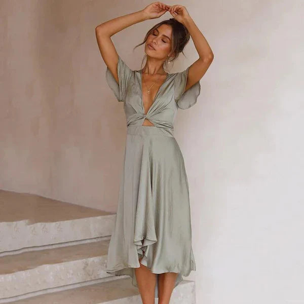 Women's Dress - Wrap Design - V-Neck - Short Ruffle Sleeves - High-Low Silhouette
