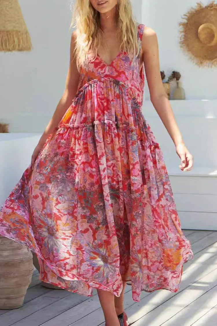 Women's Maxi Dress – Sleeveless – V-Neck – Spaghetti Straps – Light and Airy – Layered Design