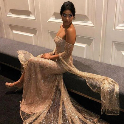 Women Evening Dress - Shiny Fabric - Fitted - Off-Shoulder - High Slit