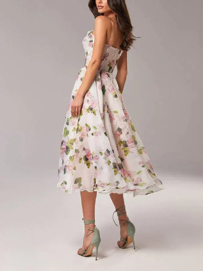 Dress for Women – A-line Cut – Chiffon – Mid Length – Spaghetti Straps – Floral Pattern