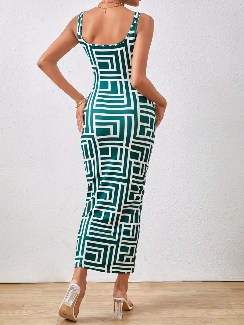 Women's Bodycon Dress - Midi Length - Geometric Pattern - Square Neckline - Thin Straps