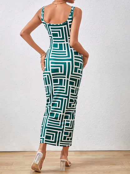 Women's Bodycon Dress - Midi Length - Geometric Pattern - Square Neckline - Thin Straps