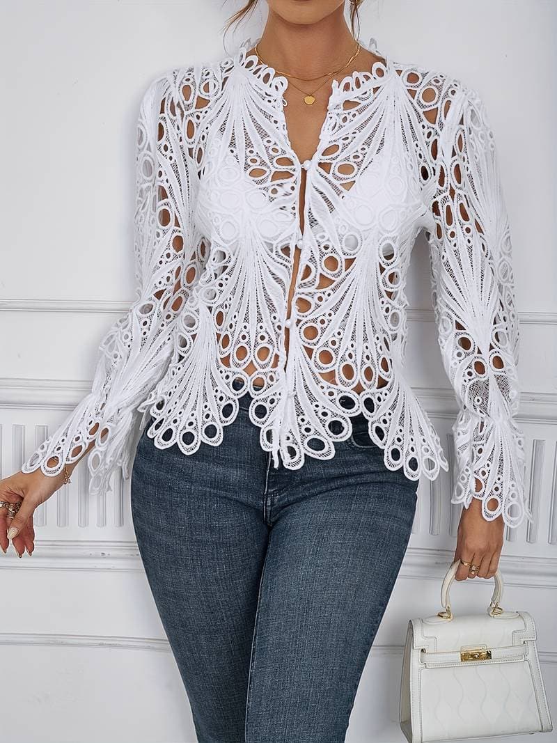 Women's Lace Blouse - Long-Sleeved V-Neck - Button Closure - Elegant Transparent Design