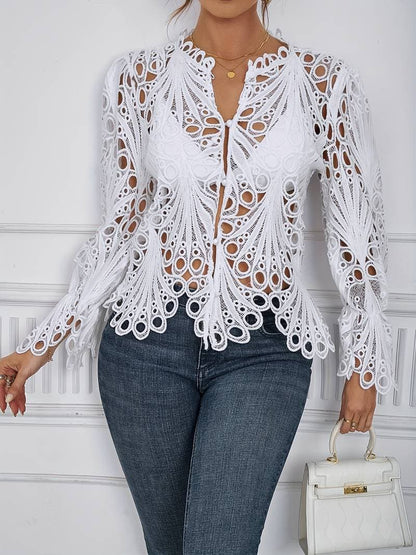 Women's Lace Blouse - Long-Sleeved V-Neck - Button Closure - Elegant Transparent Design