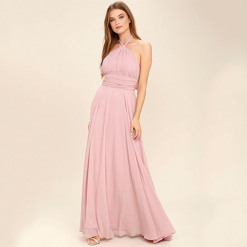 Women's Party Dress – Chiffon – A-line Cut – Halterneck – Pleated Waist – Floor-length