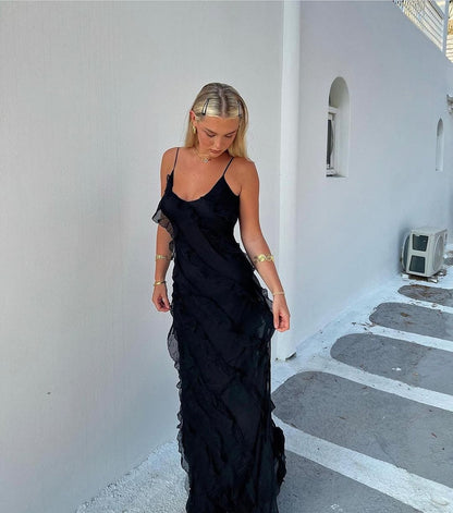 Women's Maxi Dress – Slim Fit – Spaghetti Straps – Ruffle Details – Light and Airy