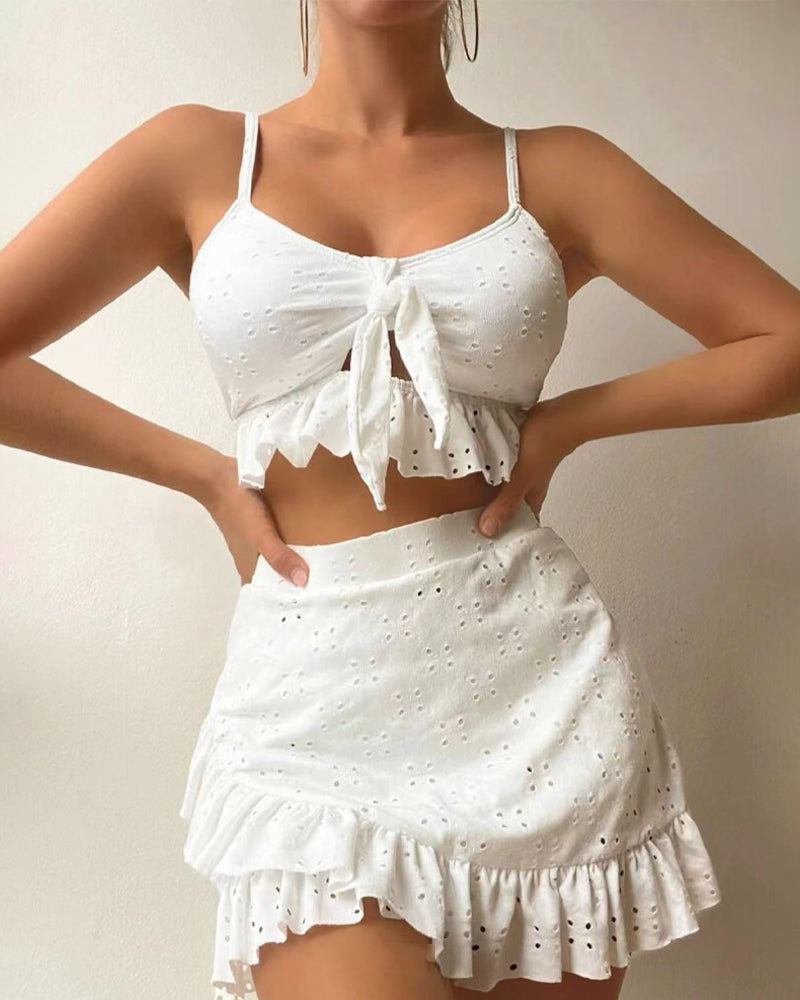 Women's Bikini Set – Slim Fit – Tie Top – Embroidery – Ruched Skirt