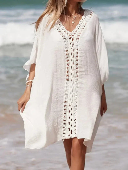 Women's Beach Kimono - Light and Airy - V-Neck with Lace Details - Short Sleeves