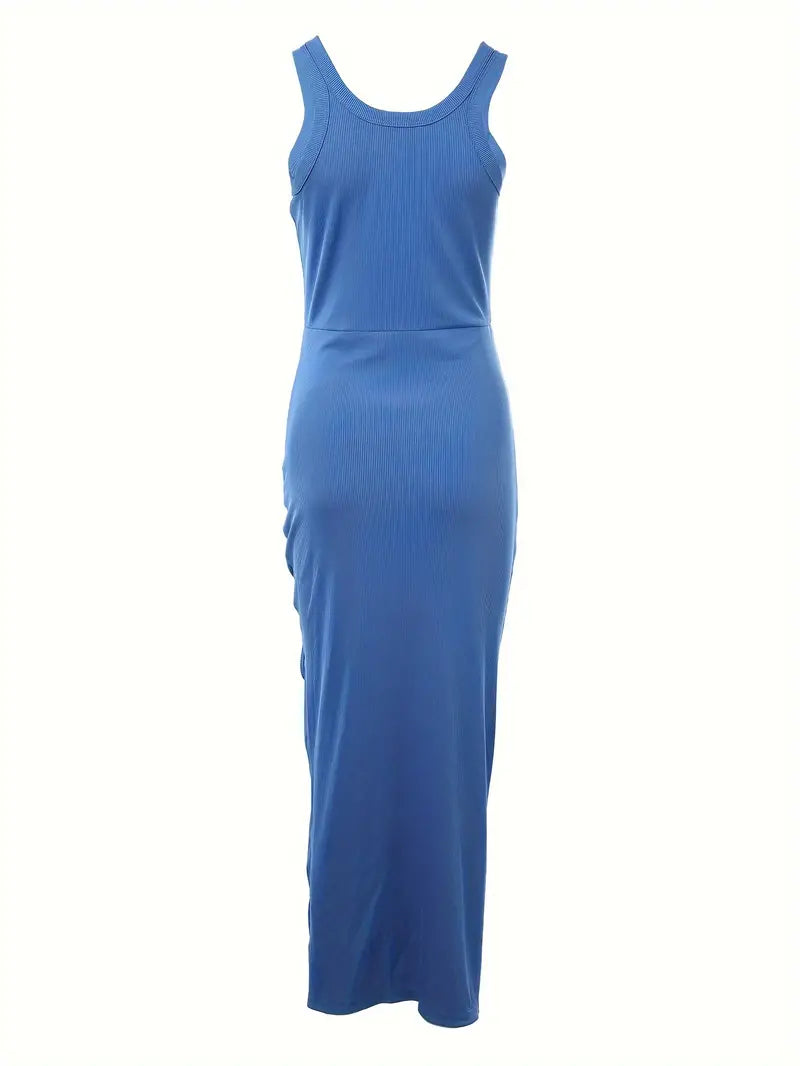 Women's Dress - Sleeveless Bodycon - Slit & Ruched Details - Elegant & Light
