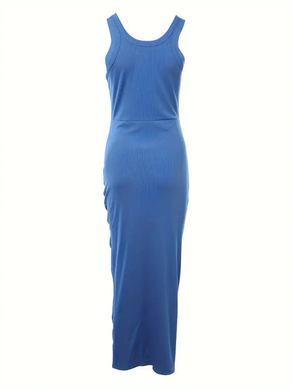 Women's Dress - Sleeveless Bodycon - Slit & Ruched Details - Elegant & Light