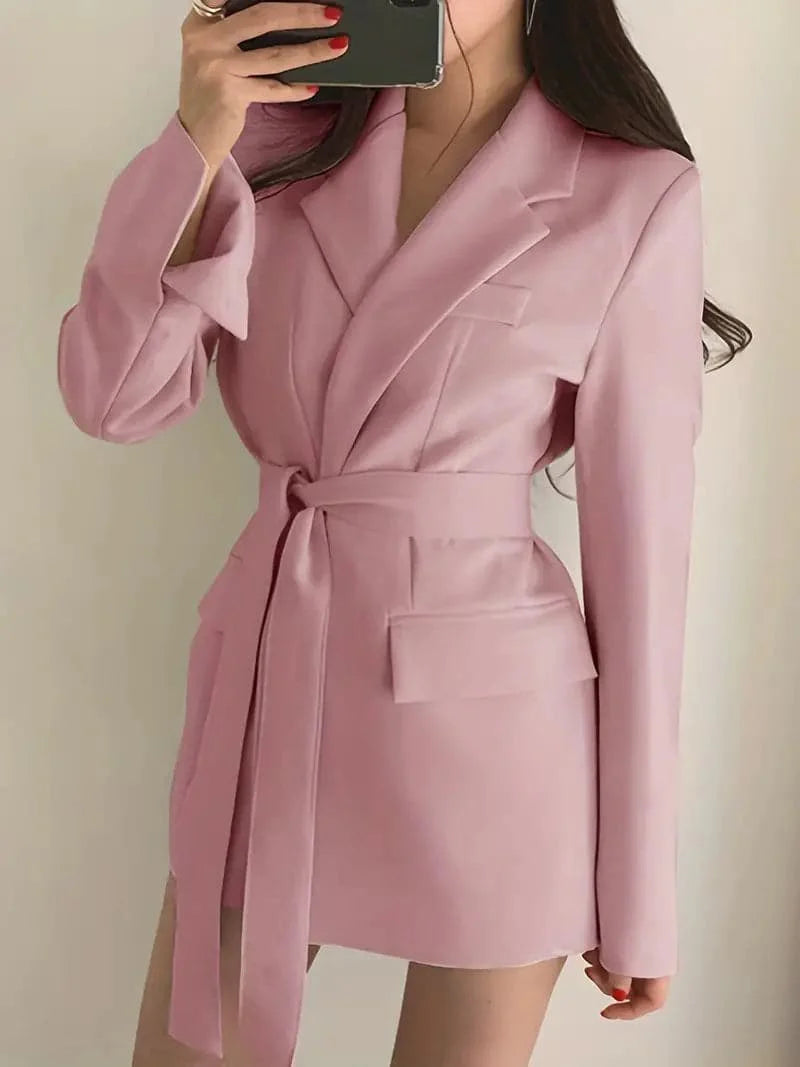 Women's Blazer Dress - Tailored Fit - Belted Waist - Single Button with Flap Pockets