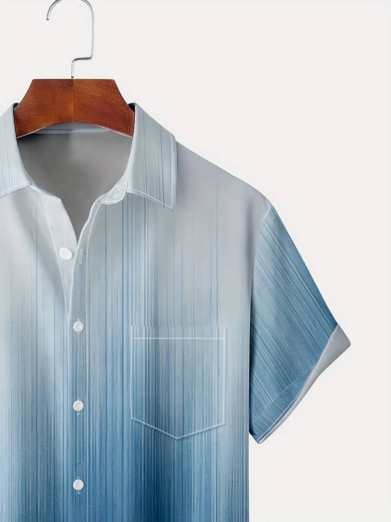 Men's Short-Sleeved Shirt - Button Closure - Gradient Pattern - Classic Collar - Regular Fit