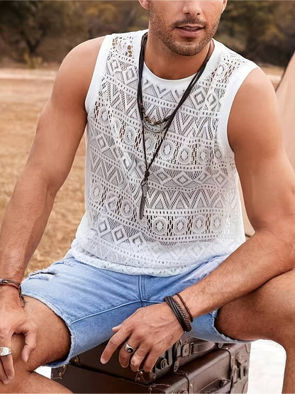 Men's Tank Top - Breathable Crochet Design - Geometric Pattern - Crew Neck