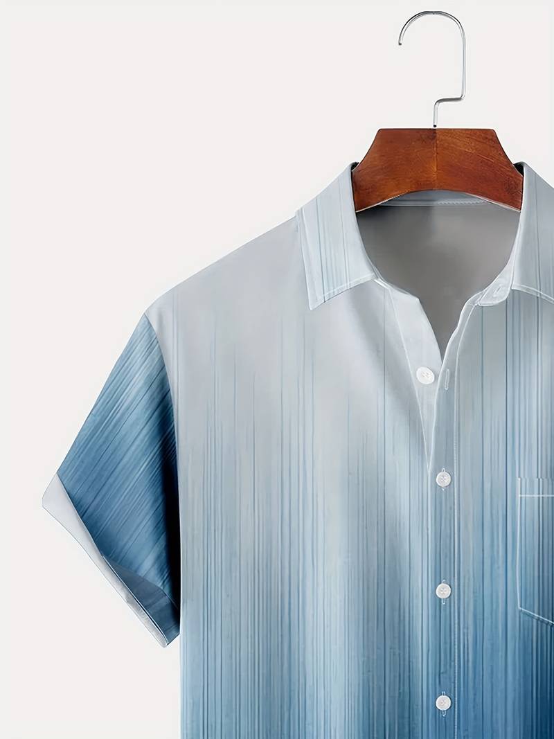 Men's Short-Sleeved Shirt - Button Closure - Gradient Pattern - Classic Collar - Regular Fit