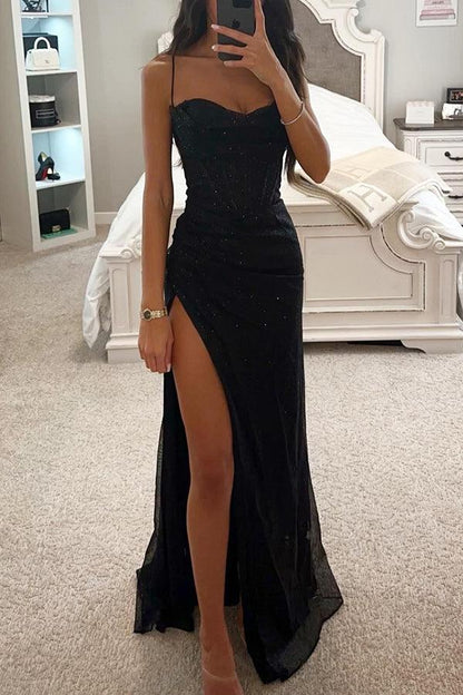 Women's Evening Dress - Fitted Silhouette - Spaghetti Straps - High Slit - Corset Bodice