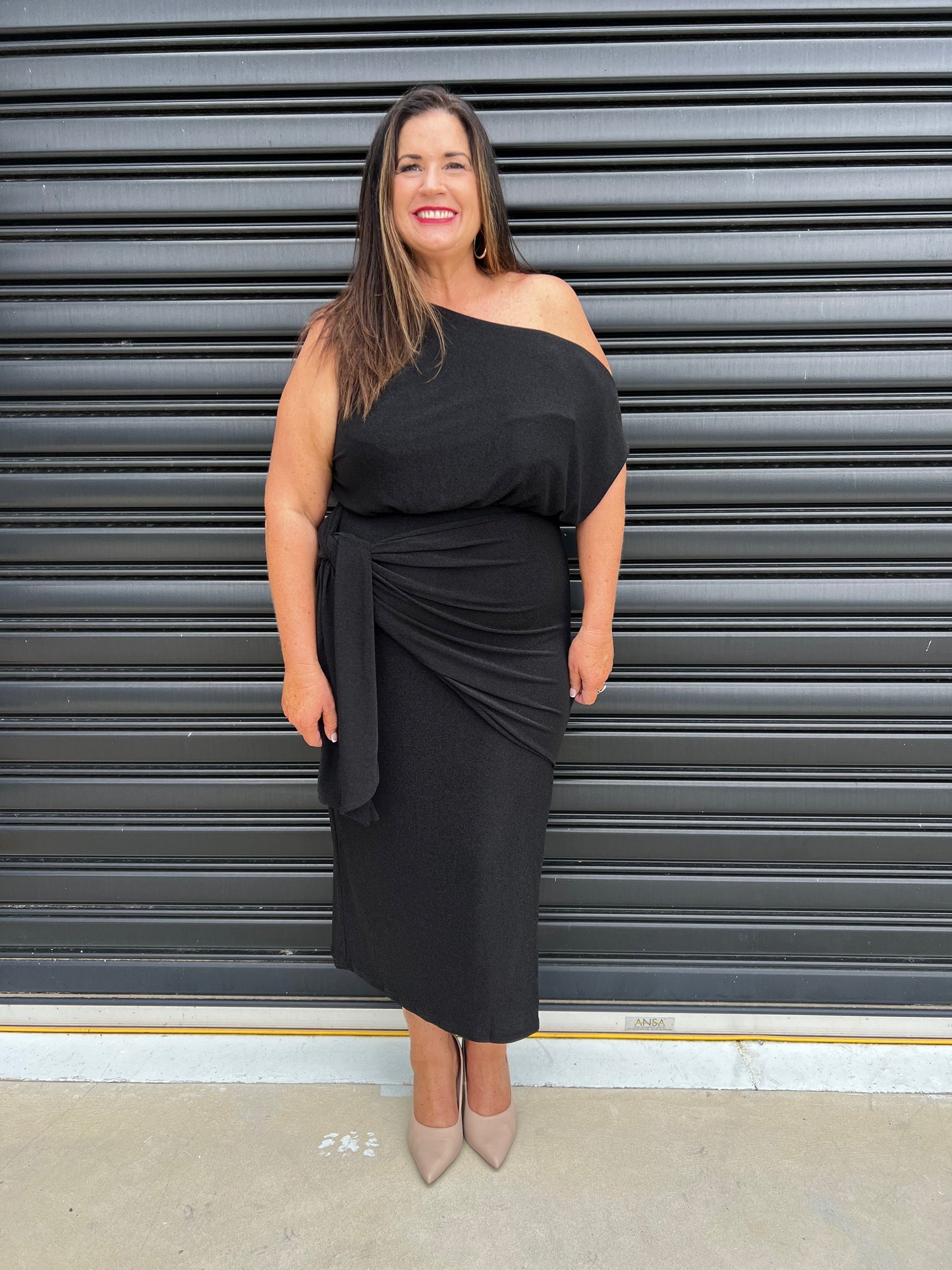 Women Dress - Asymmetric One-Shoulder - Slim Fit - Midi Length with Slit