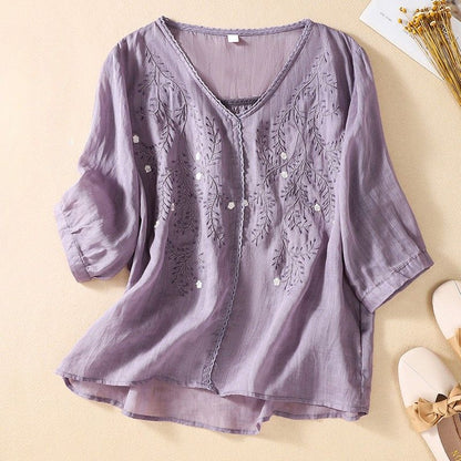 Relaxed Fit Embroidered V-Neck Blouse for Women – Stylish Casual Comfort