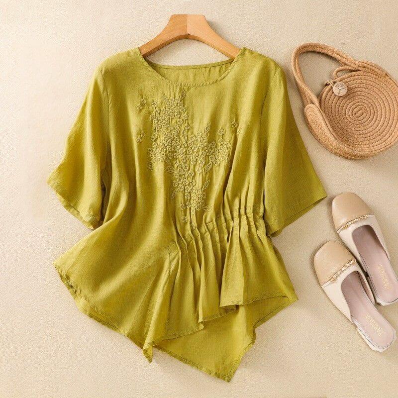 Relaxed Fit Embroidered Pleated Blouse for Women – Stylish Casual Comfort