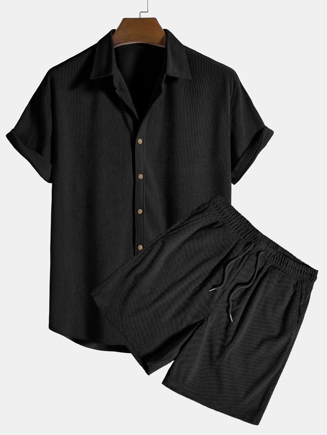 Men's Set - Short-Sleeved Shirt & Shorts - Button Closure - Elastic Waist - Ribbed Texture
