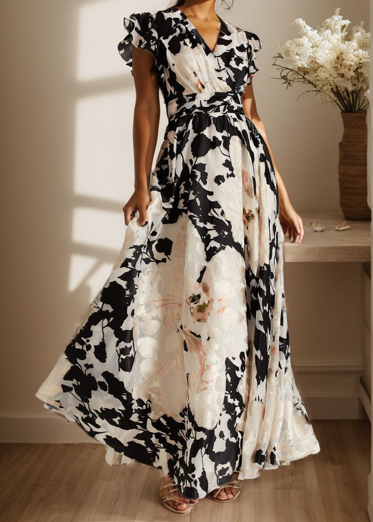 Women's Maxi Dress – Elegant Cut – Woven in Light Material – Short Sleeve – Party Ready