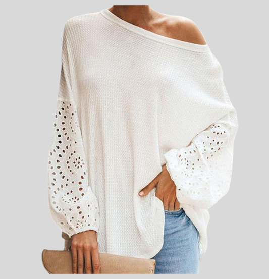 Women's Blouse - Off-Shoulder - Light Knit - Long Sleeves with Lace Details