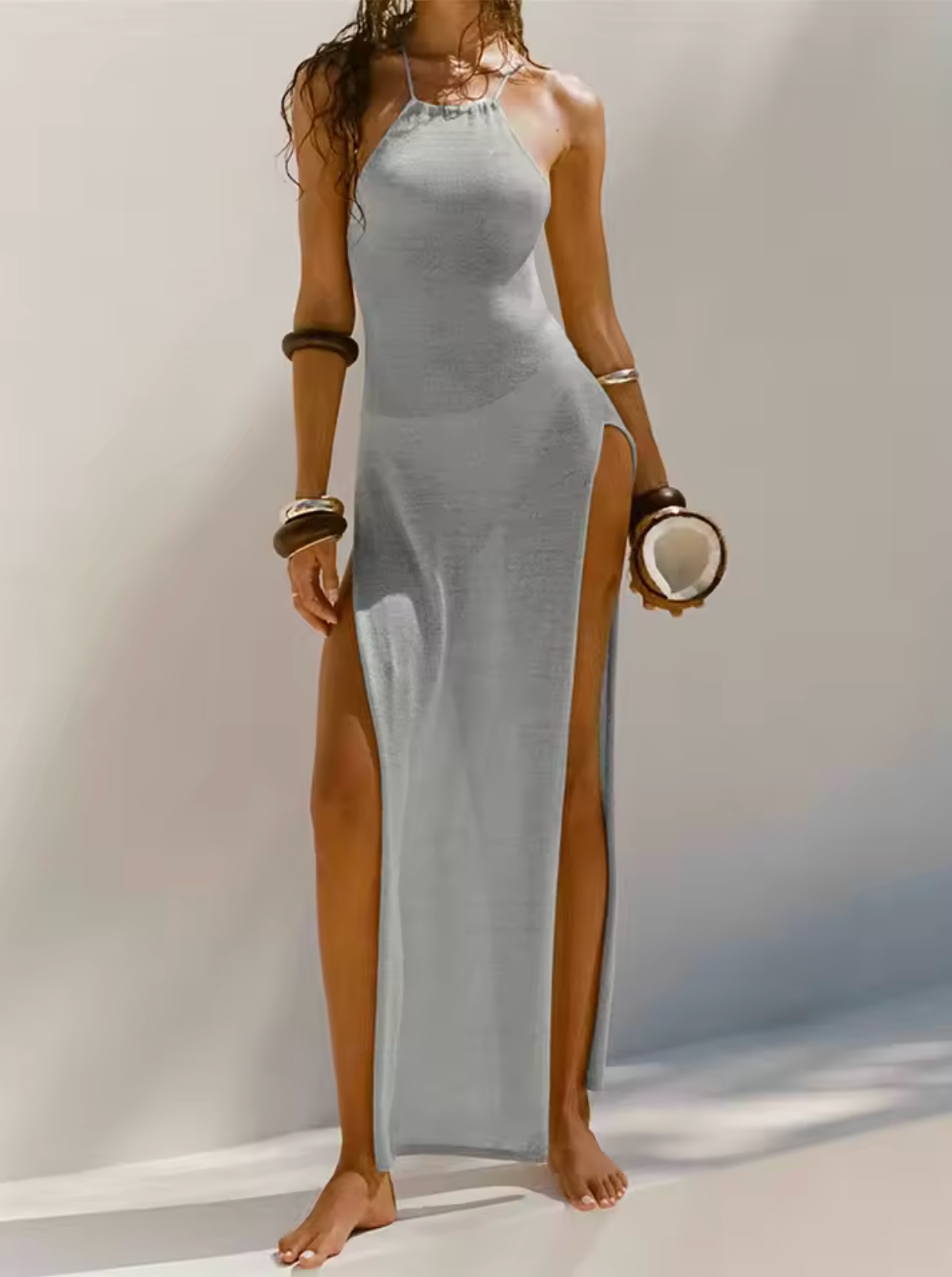 Women's Maxi Dress - Halterneck - Fitted - High Side Slits - Light and Flowy