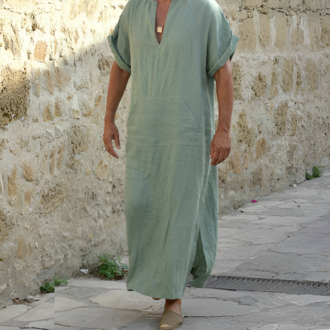 Men's Shirt Dress – Relaxed Fit – Lightweight and Breathable – V-Neck – Short Sleeves – Slit