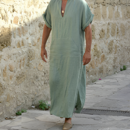 Men's Shirt Dress – Relaxed Fit – Lightweight and Breathable – V-Neck – Short Sleeves – Slit