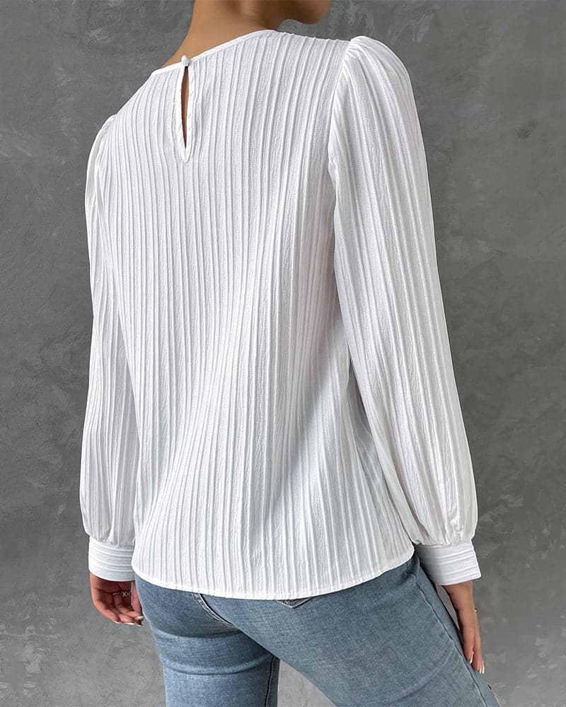 Women's Blouse - Long Sleeved with Puff Sleeves - Textured Pleated Design - Round Neck