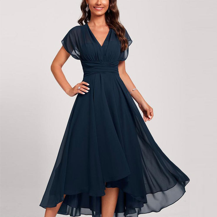 Women's Cocktail Dress - Asymmetric Cut - Short Sleeves - V-Neck - Elegant Party Dress