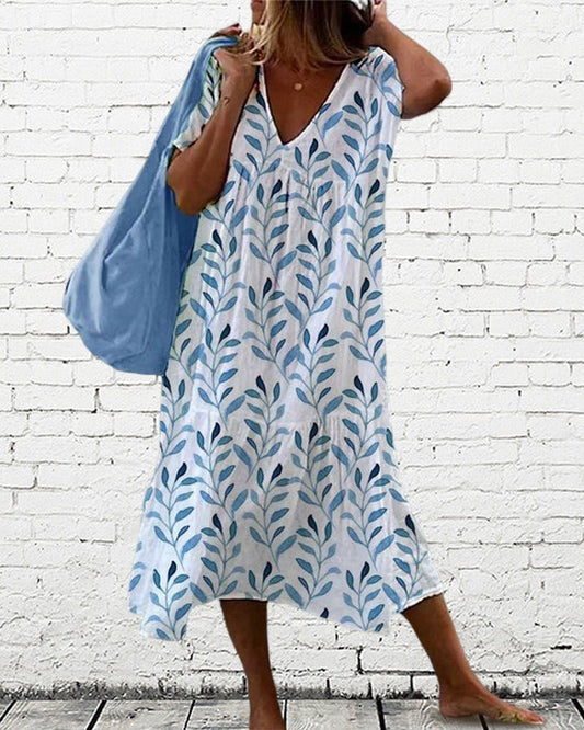 Women's Midi Dress – Relaxed Fit – V-Neck – Short Sleeves – Leaf Print – Breathable Fabric