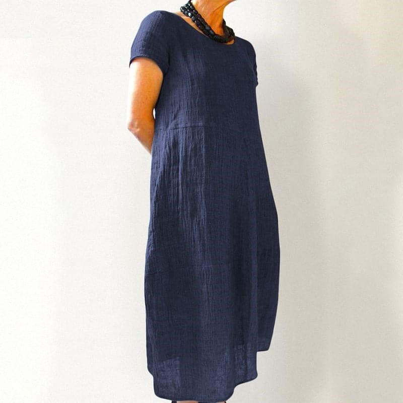 Women's Maxi Dress - A-line Fit - Short Sleeved with Round Neck - Breathable Cotton with Side Pockets