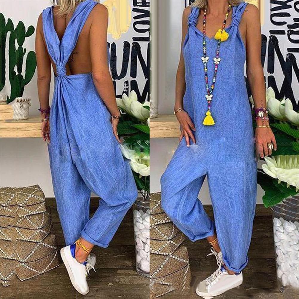 Women's Jumpsuit - Loose Fit - Lightweight and Breathable - Knot Detail at the Back