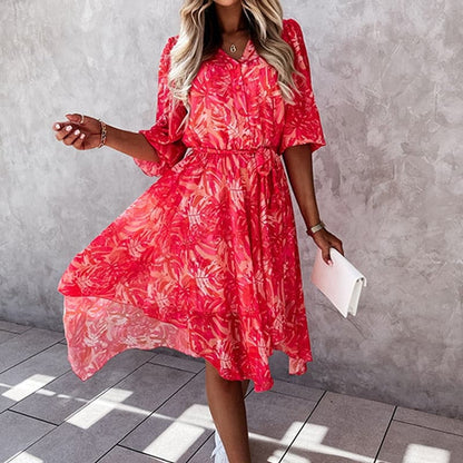 Women's Midi Dress – Floral Print – V-Neck with Buttons – Elastic Waist – 3/4 Sleeves