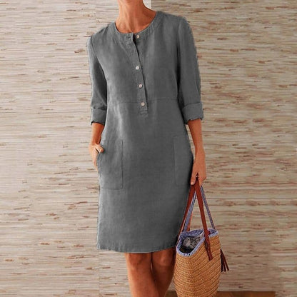 Women's Shirt Dress - Light and Breathable Linen - Relaxed Fit - Button Closure and Side Pockets