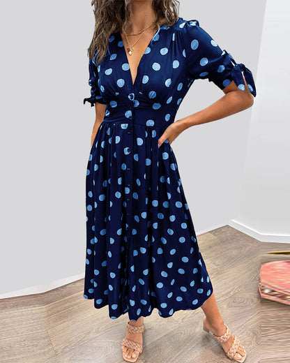 Women's Midi Dress - V-Neck - Tieable Half-Sleeves - Fitted A-Line - Elegant Polka Dot Pattern
