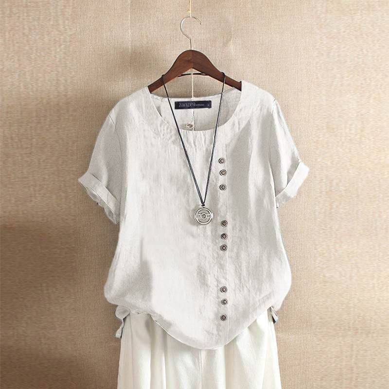 Women's Blouse - Cotton - Relaxed Fit - Button Detail - Short Rolled Sleeves