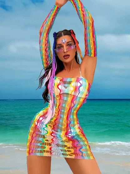 Women Mesh Mini Dress - Bodycon Fit - Sleeveless with Spaghetti Straps - Light and Sheer