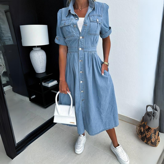 Women's Shirt Dress - Denim - Button Closure - Elastic Waist - Midi Length - With Pockets