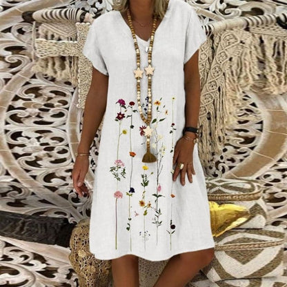 Women's Dress - Loose Fit - Short Sleeves - Light and Breathable Linen - Embroidered Design