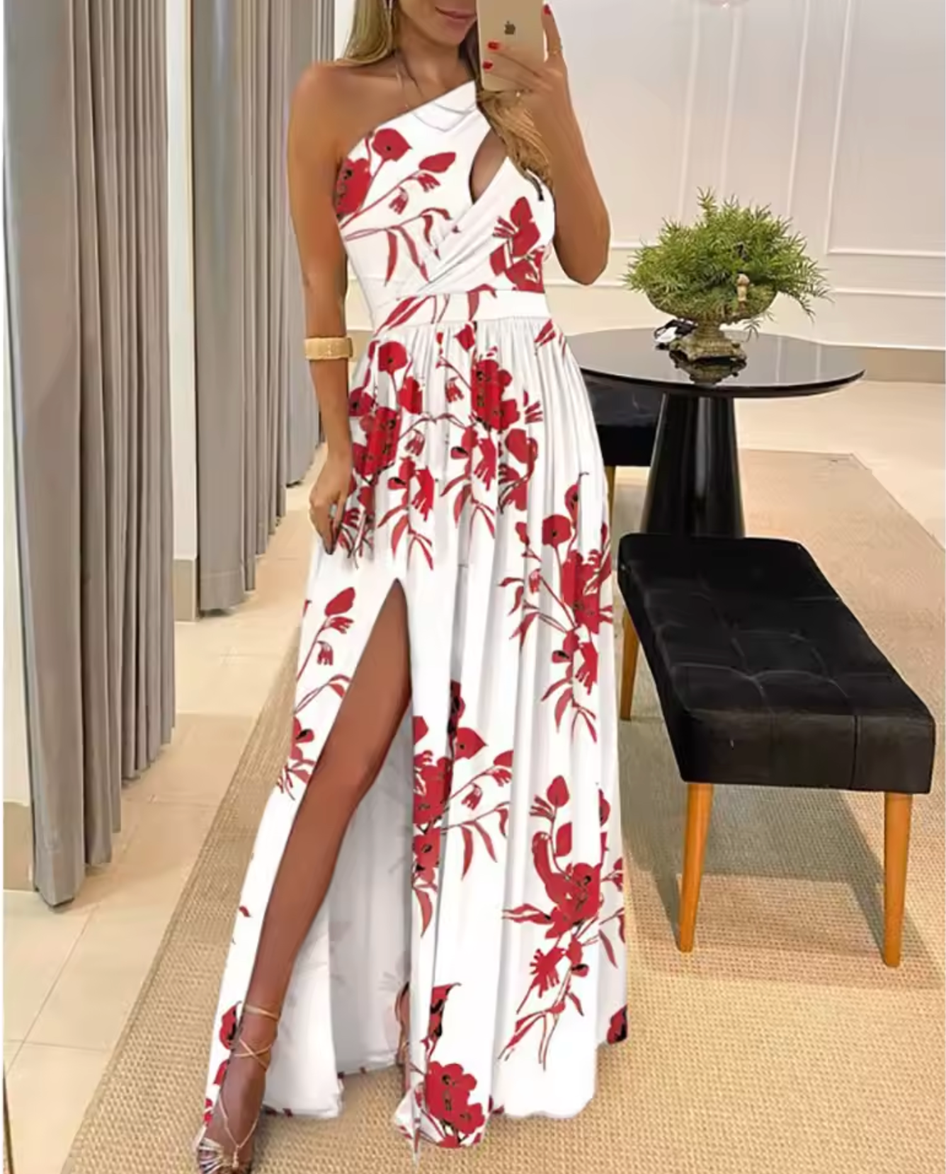 Women's Evening Dress – Asymmetric One-Shoulder – Pleated Skirt with High Slit – Elegant Cut