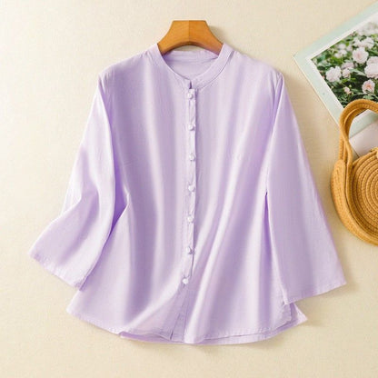 Relaxed Fit Band Collar Button Front Blouse for Women – Casual Stylish Comfort